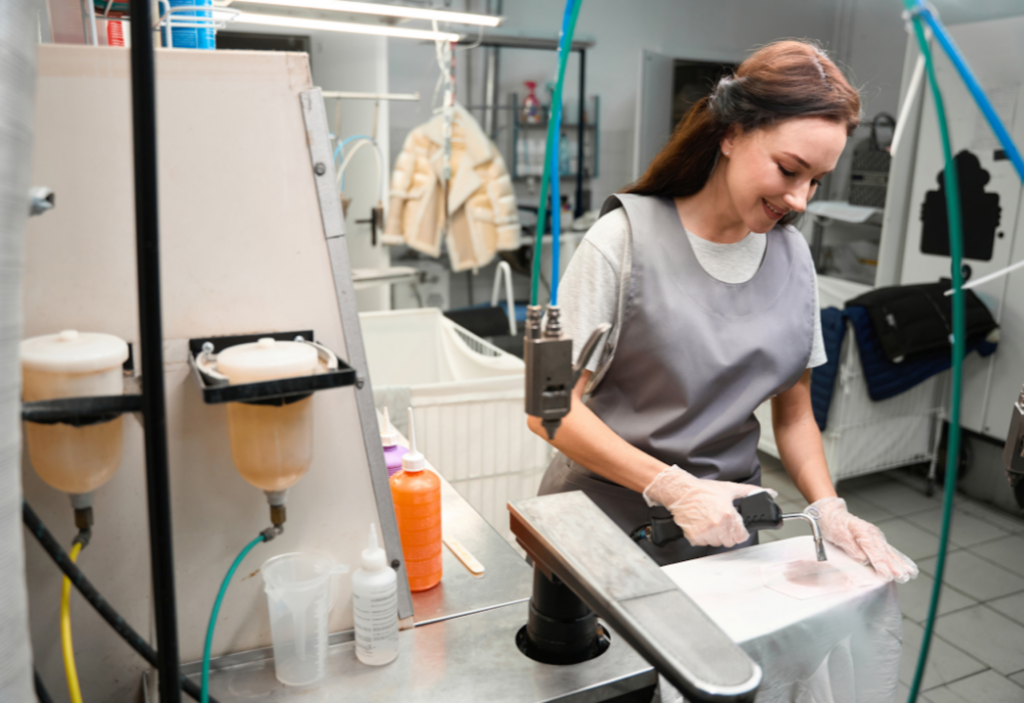Professional dry cleaner treating stained garment with specialized stain removal techniques at cleaning station