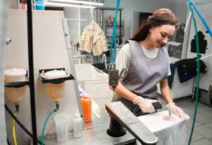 Professional dry cleaner treating stained garment with specialized stain removal techniques at cleaning station