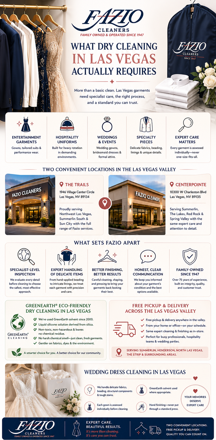 Vertical infographic titled “What Dry Cleaning In Las Vegas Actually Requires” with the Fazio Cleaners logo at the top, a rack of formalwear on the left, and a branded garment bag with folded shirts on the right. The design uses a clean cream background with navy and rose accents, plus icon callouts for entertainment garments, hospitality uniforms, weddings and events, specialty pieces, and the need for expert garment assessment.
Midway down, it highlights two Las Vegas Valley locations (The Trails and Centerpointe) with storefront photos and address blocks. Additional sections explain what sets Fazio apart (specialist-level inspection, careful handling, better finishing, and clear communication), plus a panel on GreenEarth eco-friendly dry cleaning and another on free pickup and delivery across the valley. The bottom section focuses on wedding dress cleaning in Las Vegas, emphasizing delicate materials, individualized assessment, and hand finishing, followed by a branded footer and call-to-action.