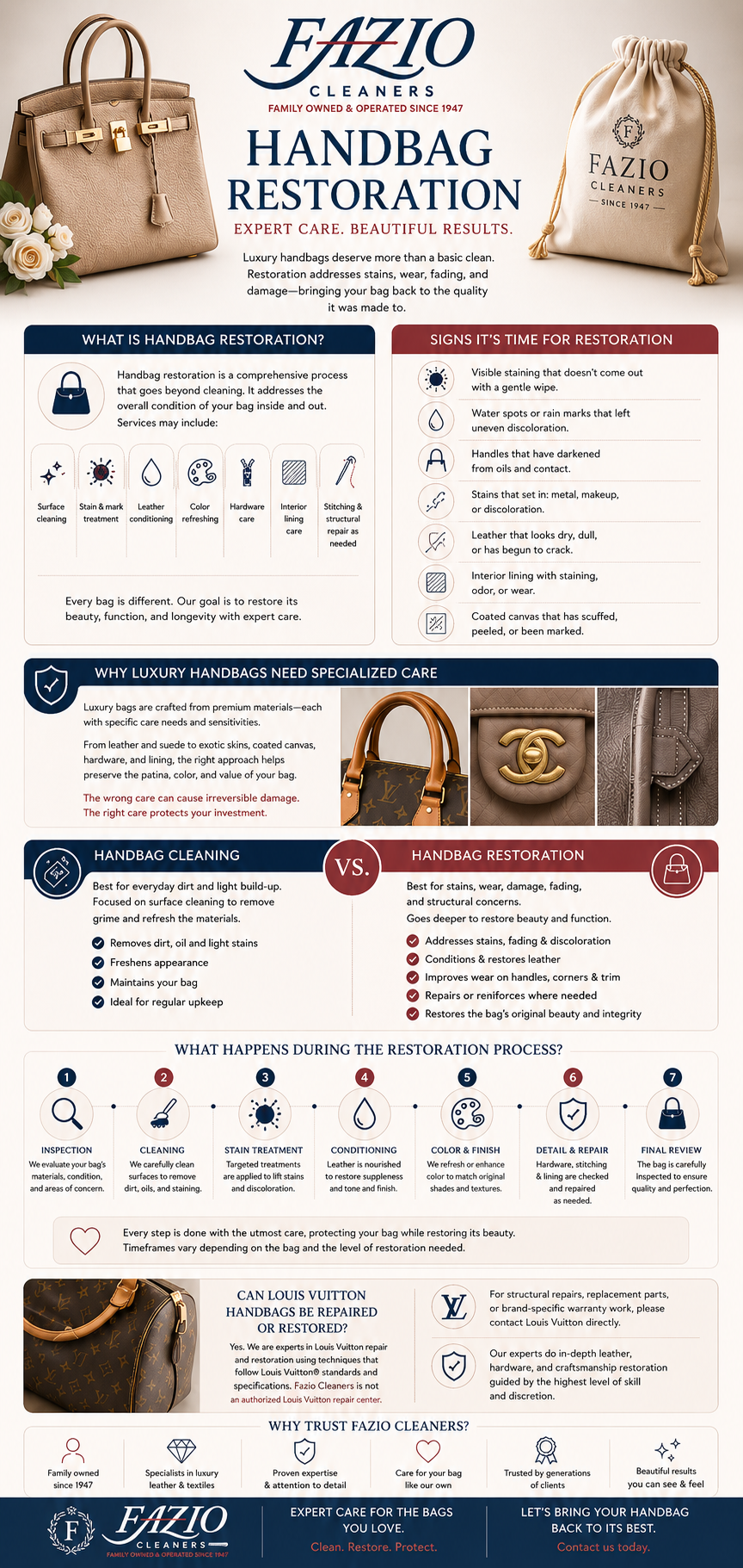 Handbag restoration infographic for Fazio Cleaners showing what restoration includes, signs it’s time for service, cleaning vs. restoration, and a step-by-step process, with luxury bag imagery and pickup and delivery callout.